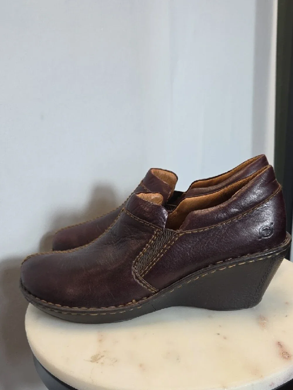 Born Women's Burgundy Leather Wedge Clogs Size 10